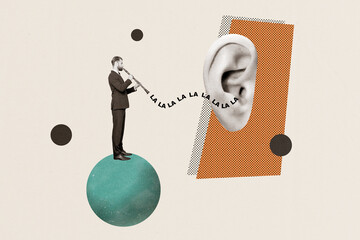 Horizontal photo collage of gentleman musician play flute into big ear concept of propaganda gossip...