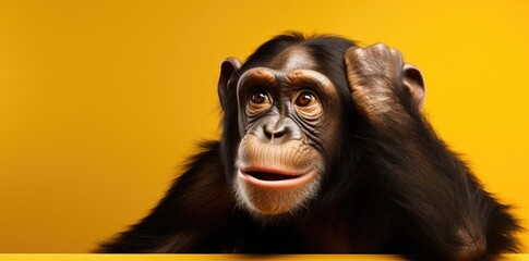 portrait of monkey with thinking expression on yellow background