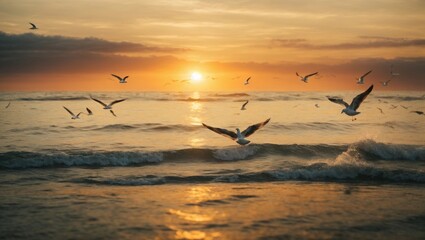 seagulls flying over the sea at sunset