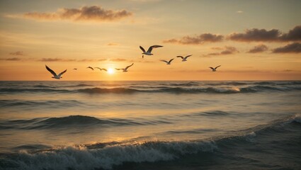 seagulls flying over the sea at sunset