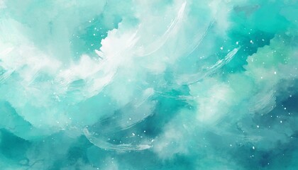 blue turquoise teal mint cyan white abstract watercolor colorful art background light pastel brush splash daub stain grunge like a dramatic sky with clouds or snow storm cold wind frost winter - obrazy, fototapety, plakaty