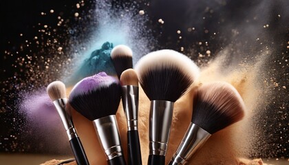 cosmetic brushes and explosion colorful powders - obrazy, fototapety, plakaty