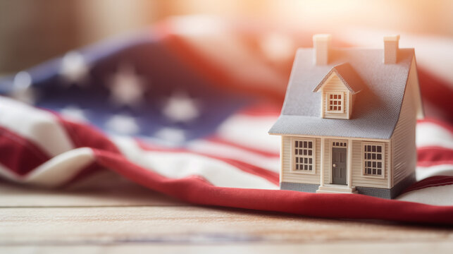 close-up of a model house on an American flag. concept for real estate market in the USA. house for sale