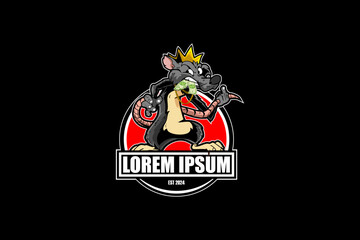 Ugly and Dirty king rat with crown Cartoon character vector logo