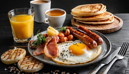 english breakfast on a dark table fried eggs with bacon canned beans and sausage near coffee orange juice and pancakes with butter and honey