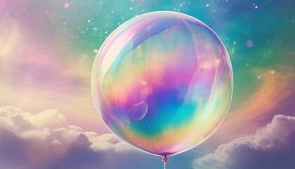 iridescent balloon bubble on pastel background with gradient a vibrant and whimsical bubble of joy radiates in the sky its radiant rainbow background captivating the viewer with its dazzling colors - obrazy, fototapety, plakaty