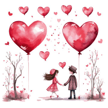 a girl holding a boy's hand surrounding with heart balloons and trees