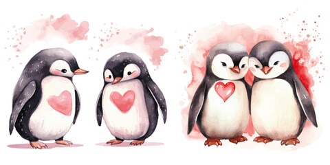 Naklejka premium two couple loving penguins with a hearts in love