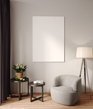Mock up poster frame in modern interior background, living room, 3d, rendering