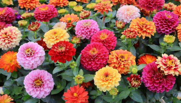 beautiful colorful zinnia and dahlia flowers in full bloom close up natural summery texture for background
