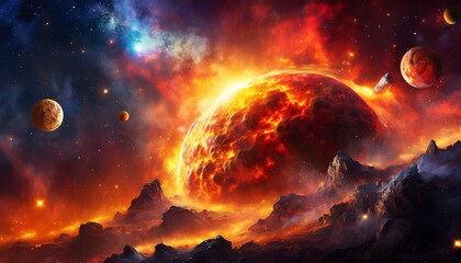 fantasy landscape of fiery planet with glowing stars nebulae massive clouds and falling asteroids digital artwork graphic astrology magic mystical burning planet in space with asteroids - obrazy, fototapety, plakaty