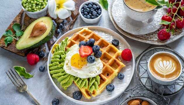 morning breakfast on a table above waffles with cream berries coffee cappuccino bowl omlet with vegetables bread with butter avocado cream vegan food healthy food meal