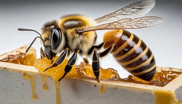 a honey bee is feeding on honey inside a beehive frame with wax seen against a white background