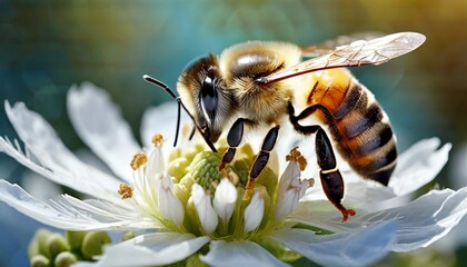 honeybee macro white flower - obrazy, fototapety, plakaty
