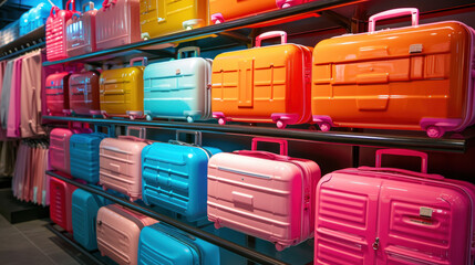 Stylish suitcases on color background. Packed travel colorful suitcases. Many multi colored big suitcases or luggage in shop