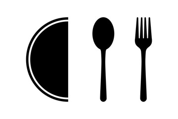 Plate and utensils icon. Vector. Plate, fork and spoon. Restaurant and eating out concept.