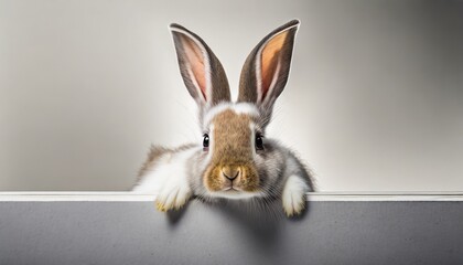 rabbit looking over a signboard on white background