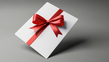 blank minimal white gift card with red rope ribbon bow on grey background with shadow minimal conceptual 3d rendering