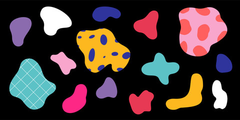 Vector icons of abstract shapes. Design elements. Various doodle freeforms isolated on black backdrop