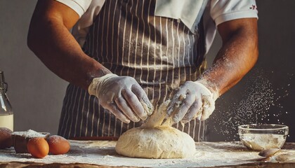 hands of baker s male knead dough - obrazy, fototapety, plakaty