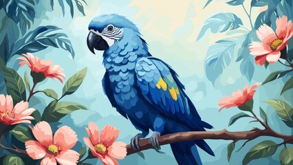 blue parrot perched on a branch of a tree pink flowers