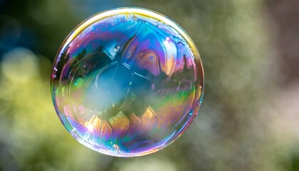 metallic glowing colorful soap bubble in the air in front of a blurry abstract background - obrazy, fototapety, plakaty