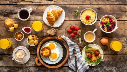 brunch family breakfast or brunch set served on rustic wooden table overhead view copy space - obrazy, fototapety, plakaty
