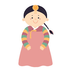 Cute girl in traditional Korean clothes hanbok character, isolated. Hand drawn cartoon vector illustration. Flat style design. New Year Seollal, Chuseok holiday card, poster, banner element