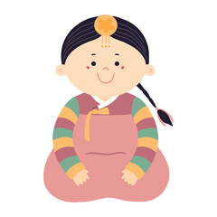 Cute girl in traditional Korean clothes hanbok character, isolated. Hand drawn cartoon vector illustration. Flat style design. New Year Seollal, Chuseok holiday card, poster, banner element