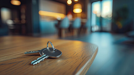 Generative AI, Keys on the table in new apartment, house or hotel room.	
