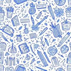 Seamless educational pattern: pen-drawn school supplies