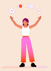Illustration vectorielle d’une jeune femme levant les bras et contenant des icônes