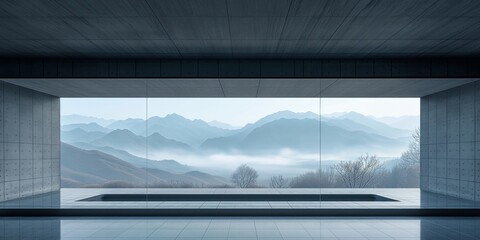Modern gallery interior with windows with the background of foggy mountains in China, as well as an empty mockup space. Concept for a museum or show.