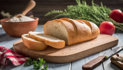 Fotobehang sliced loaf of bread on a chopping board © Katherine