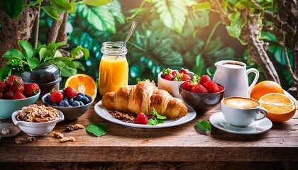 breakfast served with coffee orange juice croissants cereals and fruits balanced diet