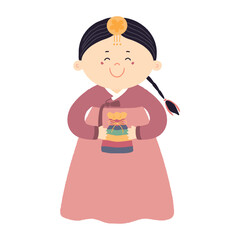 Cute girl in hanbok, holding traditional Korean gift character, isolated. Hand drawn cartoon vector illustration. Flat style design. New Year Seollal, Chuseok holiday card, poster, banner element