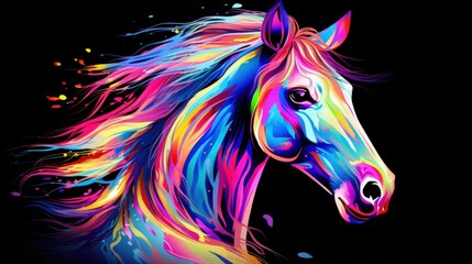 Colorful Horse head on dark background. Generative AI - obrazy, fototapety, plakaty