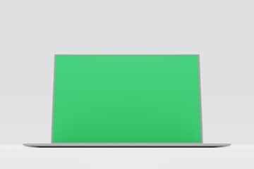 Modern laptop with a green screen on a white background ready for chroma key. 3D illustration