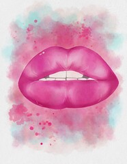 Watercolor pink lips on pink backgr 