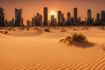 Desert against backdrop of city with skyscrapers buildings. City in desert. Cityscape of buildings in Desert with dunes. Global drought. City metropolis at sand dunes. Water crisis, Climat change.