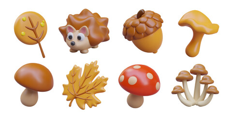 Autumn food, decorative elements, animal character in cute style. Tree, leaves, mushrooms, hedgehog, acorn. Set of isolated illustrations for children sites, apps, games, advertising compositions © ANDRII