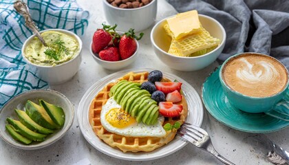 morning breakfast on a table above waffles with cream berries coffee cappuccino bowl omlet with vegetables bread with butter avocado cream vegan food healthy food meal - obrazy, fototapety, plakaty