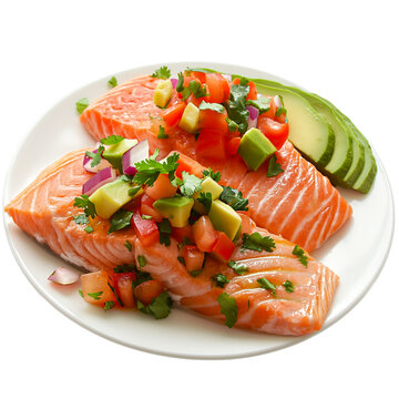 Healthy dinner, Salmon with Avocado Salad, isolated on transparent background