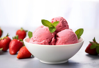 Balls of strawberry ice cream with mint leaves in a bowl on a white background, strawberries lie nearby
