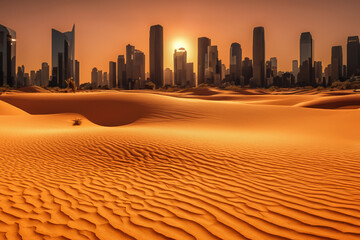 Desert against backdrop of city with skyscrapers buildings. City in desert. Cityscape of buildings in Desert with dunes. Global drought. City metropolis at sand dunes. Water crisis, Climat change. - obrazy, fototapety, plakaty