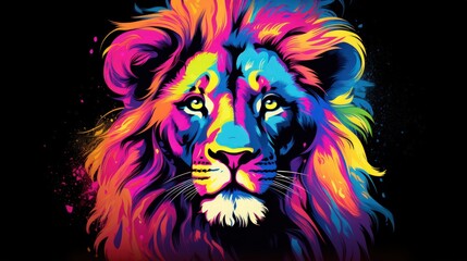 Colorful Lion head on dark background. Generative AI