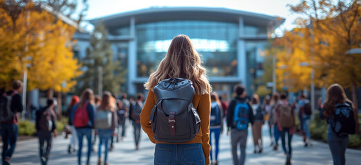 Back to school: Curly-haired student strides confidently on a leaf-strewn path, embracing the new college term.