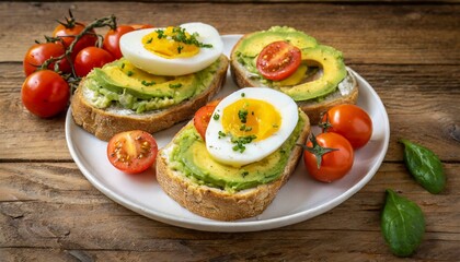 healthy avocado egg open sandwiches on a plate with cherry tomatoes on rustic wood