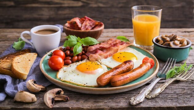 traditional full english breakfast with fried eggs sausages beans mushrooms grilled tomatoes and bacon on wooden background