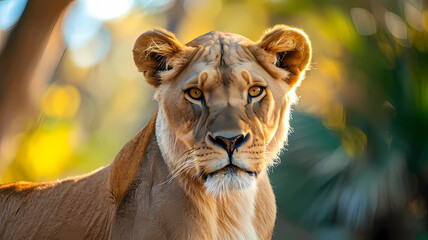 Obraz premium Close-up of a lioness gazing intently, with soft focus on the background